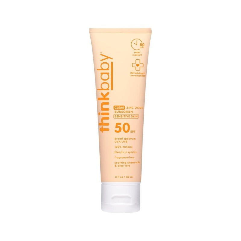 think! Thinkbaby Baby Sunscreen for Sensitive Skin, 3 Fl Oz, SPF 50 Clear Zinc Oxide Baby Mineral Sunscreen, Broad Spectrum UVA/UVB Protection, Natural, Water Resistant, Reef Safe, Vegan | for Sensitive Skin, Clear Zinc Oxide, Baby Sunblock, Natural, Water Resistant - Image 1